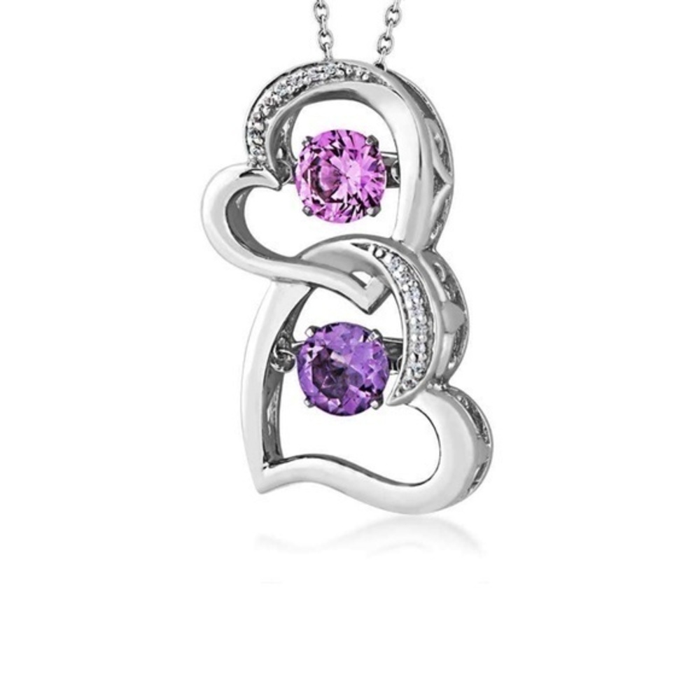 Round Twinkling Amethyst & Created Pink Sapphire Double Heart Pendant in 10K